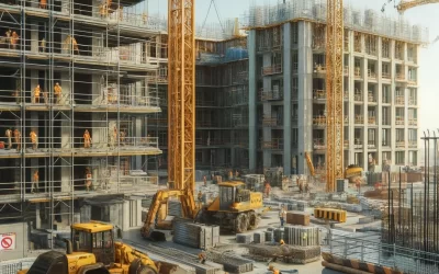 A realistic image of a construction site. The scene includes workers wearing safety helmets and vests, operating machinery like cranes and excavators. There are partially constructed buildings with scaffolding, construction materials such as steel beams and concrete blocks, and safety signs visible around the site. The sky is clear, indicating a bright day, and the environment is bustling with activity.